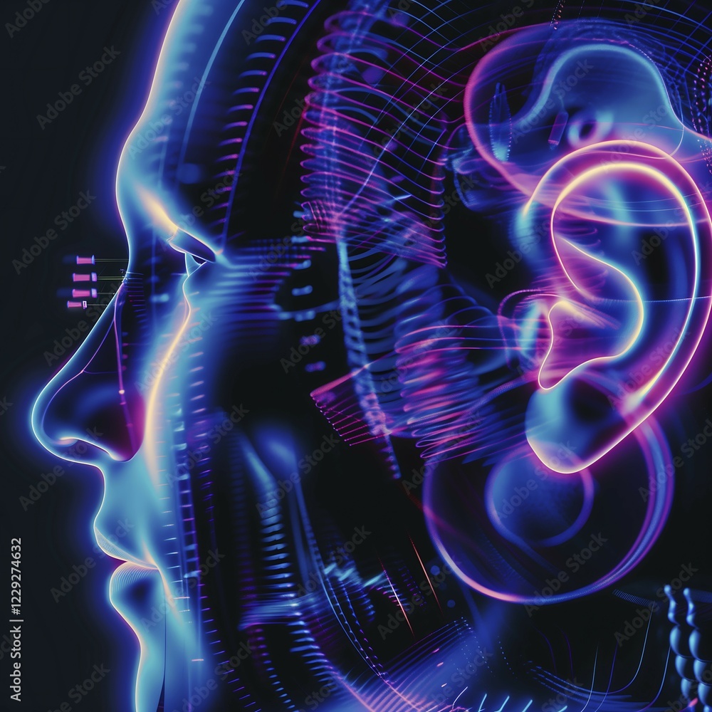 Aufkleber a head profile with digital and geometric patterns that reflect complexity and networking through te