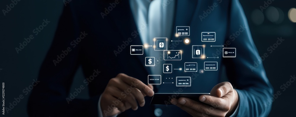 Aufkleber a businessman interacts with a digital tablet, showcasing various technology icons and data visualiz