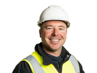 Portrait of a smiling worker in helmet on a transparent background