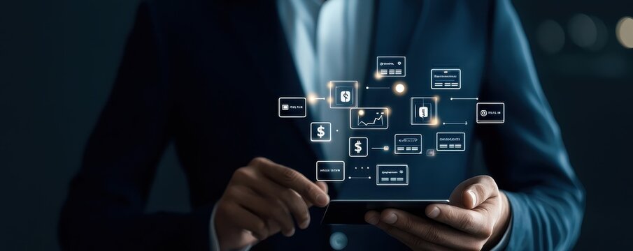 A businessman interacts with a digital tablet, showcasing various technology icons and data visualizations in a dark environment.