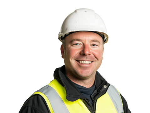 Portrait of a smiling worker in helmet on a transparent background