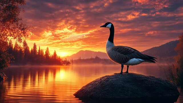 Majestic goose silhouette at sunset over tranquil lake with vibrant sky reflections
