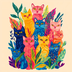 Obraz premium Colorful Illustration of cats with plants