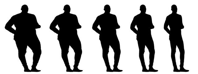 Conceptual fat overweight obese man vs slim fit healthy body after weight loss or diet, white background banner. A  fitness, nutrition or obesity, health care shape illustration vector as silhouettes