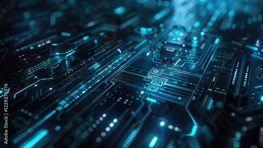 Poster abstract futuristic black circuit board with glowing elements. digital artwork of electric circuit w