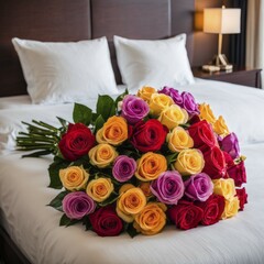 A vibrant bouquet of roses on a bed, with bedside lamps adding warmth to the romantic setting, AI generated