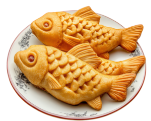 Delicious fish shaped pastries filled with sweet filling, served on decorative plate. These treats are perfect for sharing and enjoying at gatherings
