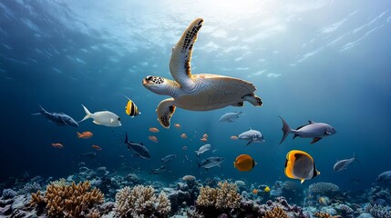A graceful sea turtle glides through a vibrant coral reef teeming with colorful fish