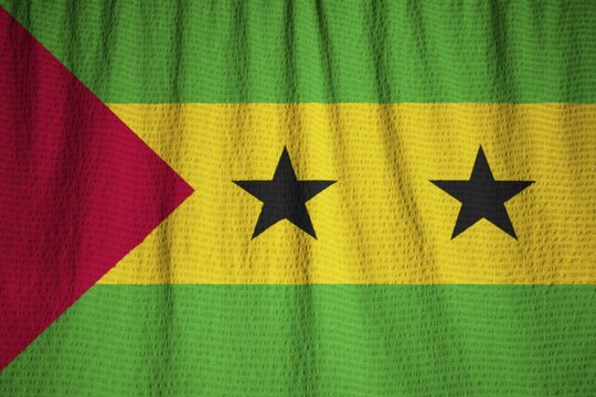 Closeup of Ruffled Sao Tome and Principe Flag, Sao Tome and Principe Flag Blowing in Wind
