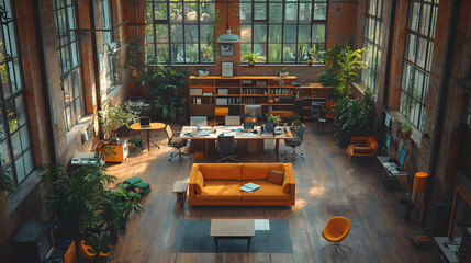Obraz premium A collaborative workspace filled with natural light, laptops in use, and professionals engaged in work, 8K realistic picture, copy space