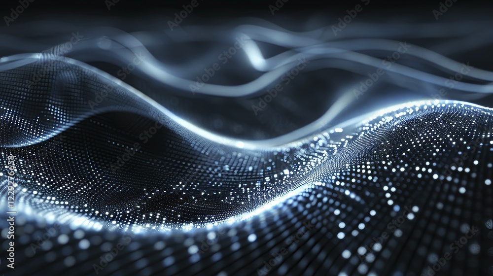 Poster digital abstract wave flowing with blue lights and dots, creating a dynamic and technological feel, 