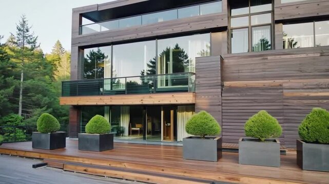 Modern luxury house exterior featuring dark wood cladding and large glass windows set against a green forested background.