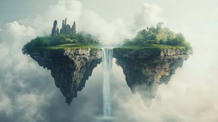 Fototapeta premium Floating Islands with Waterfall: Two idyllic, verdant islands, suspended in the clouds, are connected by a dramatic waterfall cascading between them, a breathtaking vision of otherworldly beauty. 