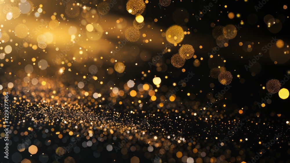 Poster Golden bokeh lights on dark background. Abstract digital art for design with glowing and golden glittering texture. Luxury and elegant concept. Black background. Warm and festive atmosphere. AIG53.