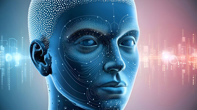 person with background,Artificial Intelligence, abstract artistic human head portrait made of dotted particles array,