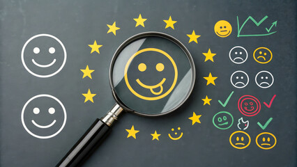 Customer satisfaction analysis concept with magnifying glass focusing on smiling emoticon. Dark background and minimalistic style emphasize the importance of the study.