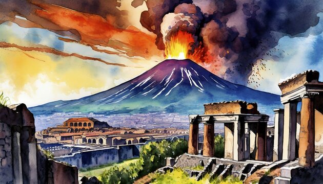 Pompeii during the eruption of the volcano Vesuvius in 79 AD, generated with AI