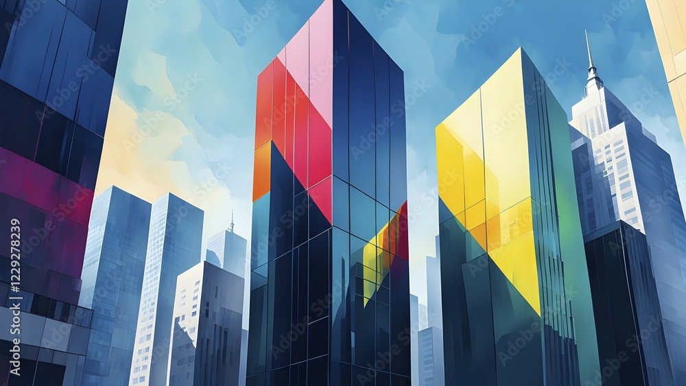 Poster minimalist architectural render composition of modern buildings in simple and clean geometric forms 