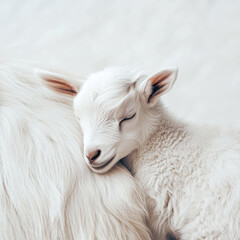 Fototapeta premium Baby Goat Nuzzling Against Mother