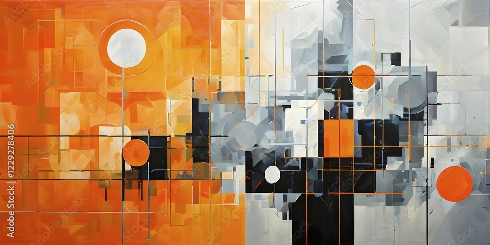 Poster abstract artwork illustrating blockchain technology with interconnected geometric shapes symbolizing