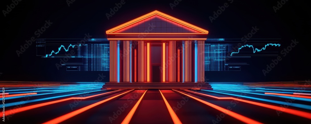 Poster a futuristic building illuminated with neon lights, set against a digital backdrop showcasing data t