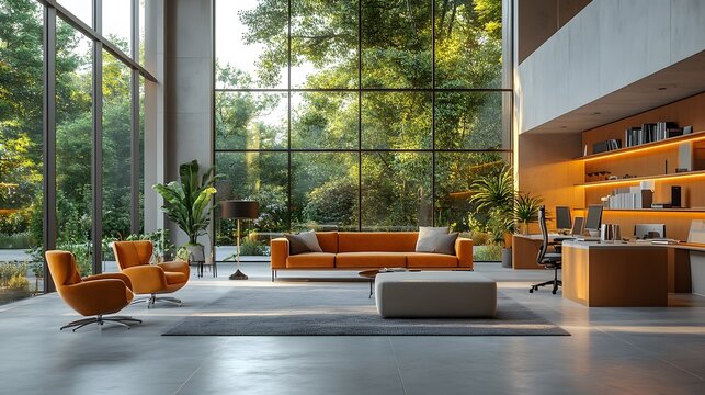 Bright and airy office with advanced technology and elegant furniture, 8K high resolution with copy space