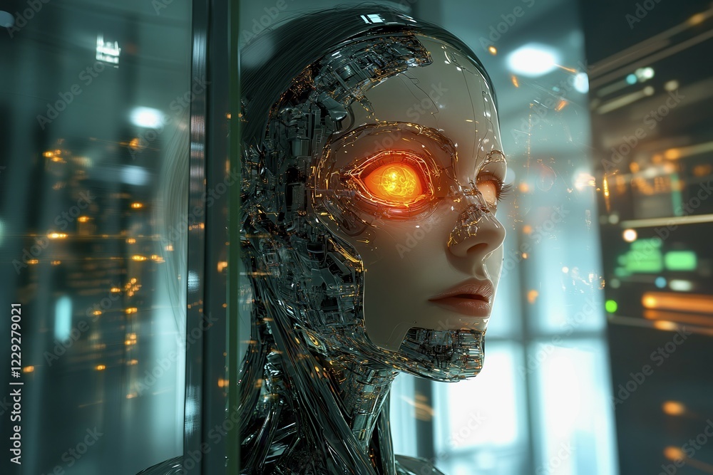 Aufkleber conceptual symbolism of artificial intelligence represented by a humanoid face with a glowing orange