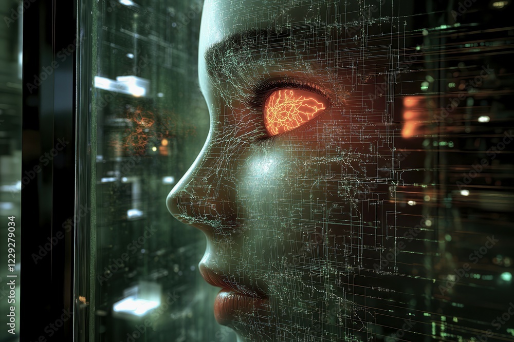 Poster conceptual symbolism of artificial intelligence represented by a human face with a glowing orange ey