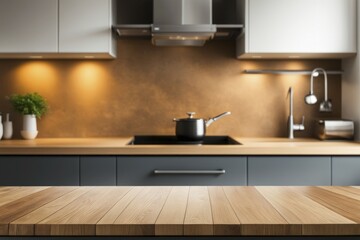Fototapeta premium Modern kitchen with wooden countertop, warm lighting, and functional design creating a cozy environment, AI generated