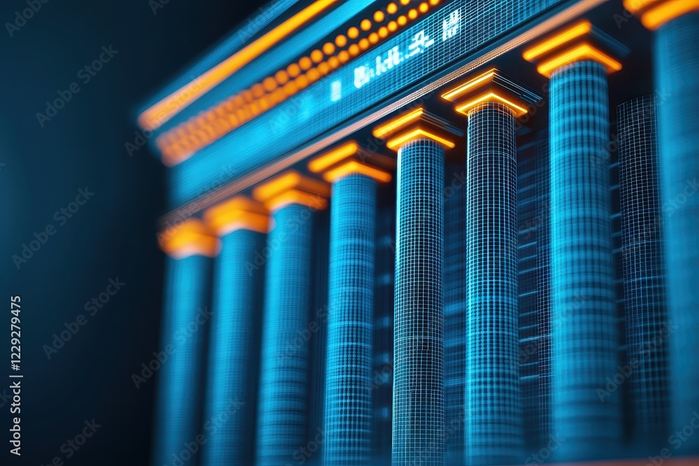 Poster a futuristic digital representation of classical architecture featuring illuminated columns, emphasi