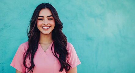 Smiling pro in pink scrubs