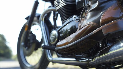 Confident biker in stylish boots rests on motorcycle, enjoying open road. Classic and modern style blend with masculine, rebellious aura. Background blurs, emphasizing speed and movement, AI generated
