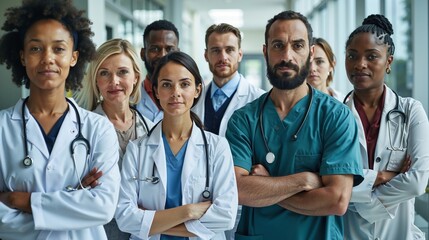 A group of doctors standing in a hospital hallway