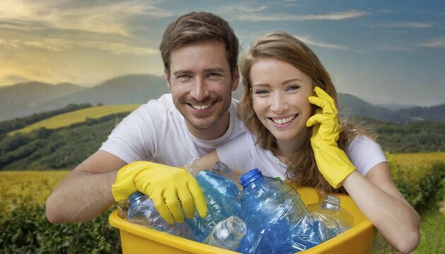 Ai generated, A friendly smiling couple dispose of plastic bottles in a yellow bin, 30, 35, years woman, woman, man, men, waste disposal, bin, recycling, recycling centre, reuse, recyclables, couple