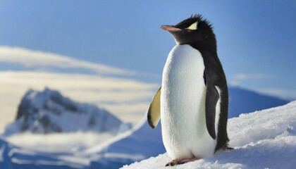 Naklejka premium AI generated, animal, animals, bird, birds, biotope, habitat, one, individual, blue sky, winter, ice, snow, foraging, wildlife, summer, seasons, southern rockhopper penguin (Eudyptes chrysocome)