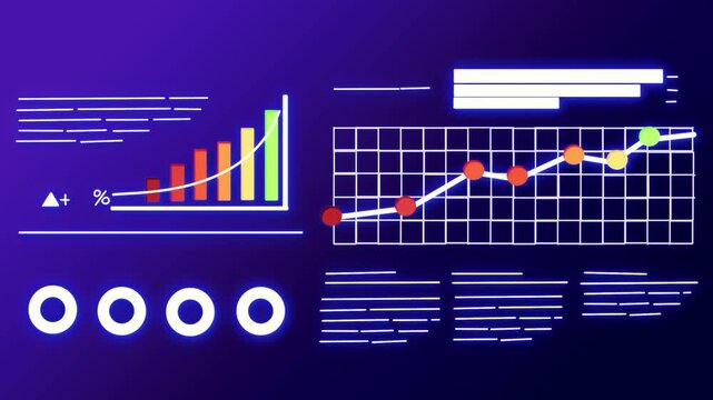 Tech data animation with neon glowing, 2D graph animation.