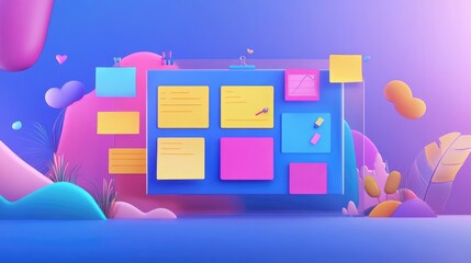 Fototapeta premium Colorful digital workspace with sticky notes and graphics
