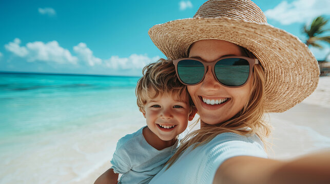 Joyful Mom and Son Taking Selfies Together on a Tropical Beach Under Bright Clear Sky