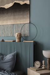 Contemporary bedroom interior featuring bold textile patterns and refined decor accents.