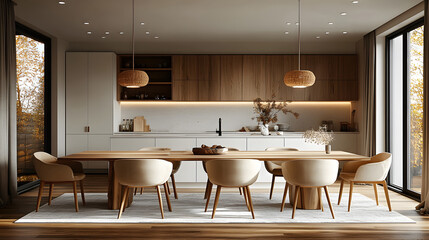 Stylish Scandinavian dining room with a white and wooden theme, modern lighting, 8K high resolution with copy space
