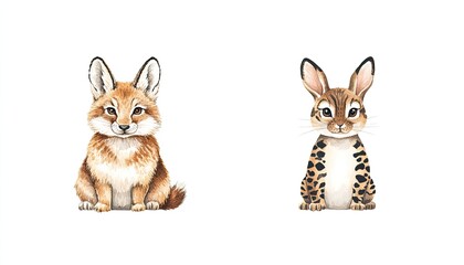 Adorable illustrations of a fox and a rabbit sitting side by side against a plain white background