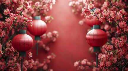 Obraz premium Vibrant Chinese red lanterns among pink flowering branches against bokeh background, AI generated