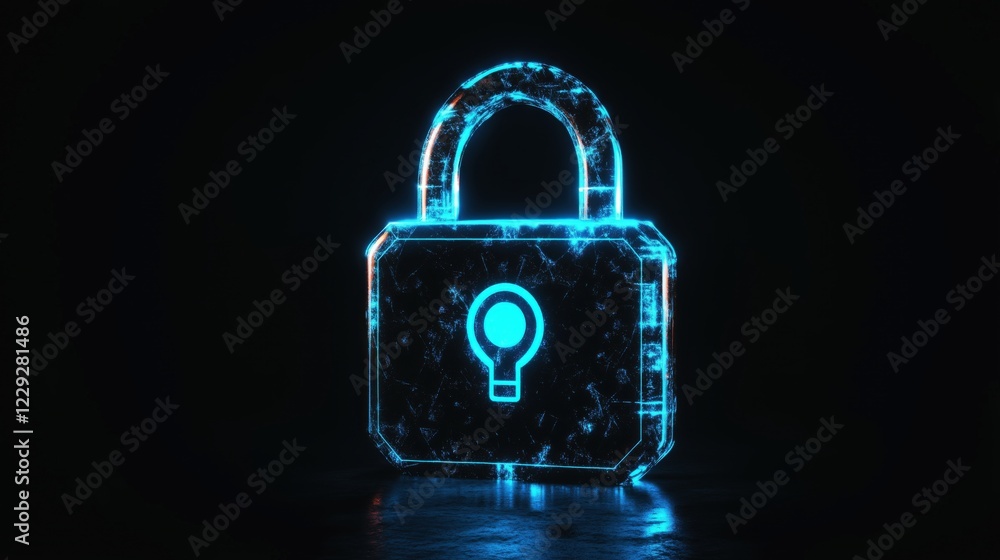 Poster digital lock symbol representing cybersecurity and data protection in a dark environment