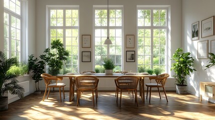 Fototapeta premium Scandinavian-style dining area with natural light, wooden chairs, and white walls, 8K high resolution with copy space