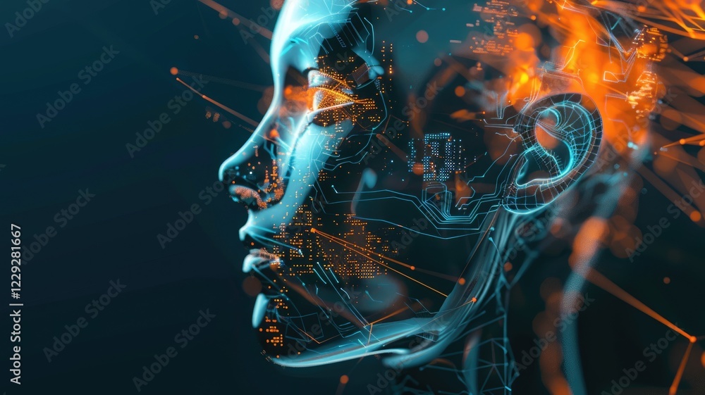 Aufkleber abstract digital faces with glowing blue and orange lines facing each other. digital artwork of face