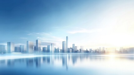 Fototapeta premium City skyline reflects in tranquil water at sunrise with soft blue hues and modern architecture
