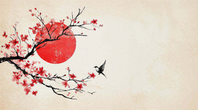 illustration type japonaise, avec soleil rouge, branches de cerisier en fleur et oiseau, sur fond beige