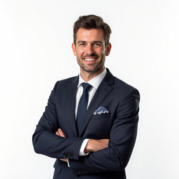 Un exitoso trabajador de oficina en traje de la marina. Un exitoso y guapo empleado masculino. Un vendedor exitoso.