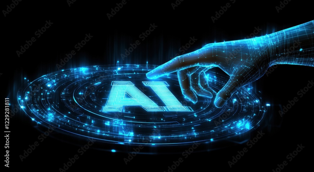 Poster digital representation of artificial intelligence being activated by a futuristic hand in a dark set