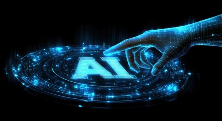 Digital representation of artificial intelligence being activated by a futuristic hand in a dark setting